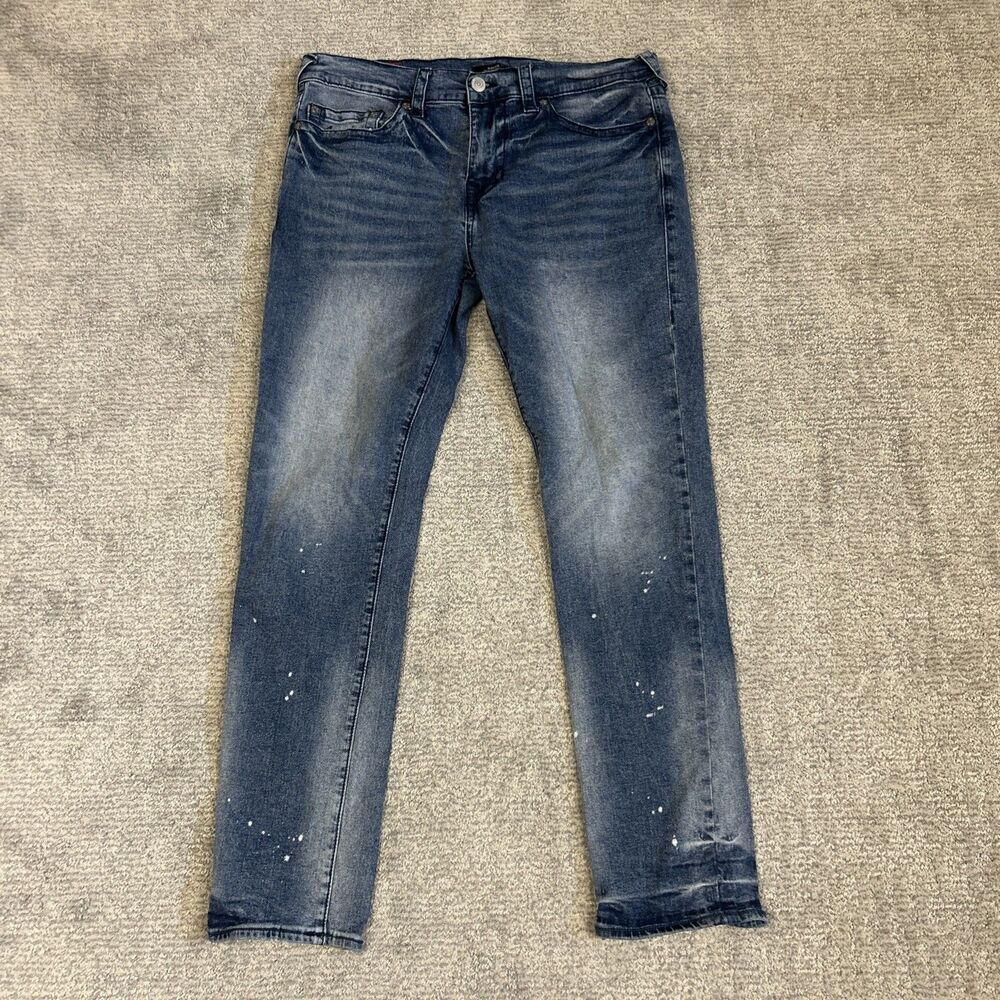 True Religion Jeans Mens 34 Medium Wash Rocco Relaxed Skinny Stretch Splatter